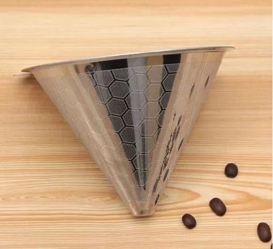 Manual Reusable Paperless Stainless Steel Double Mesh Cone Pour Over Coffee Maker