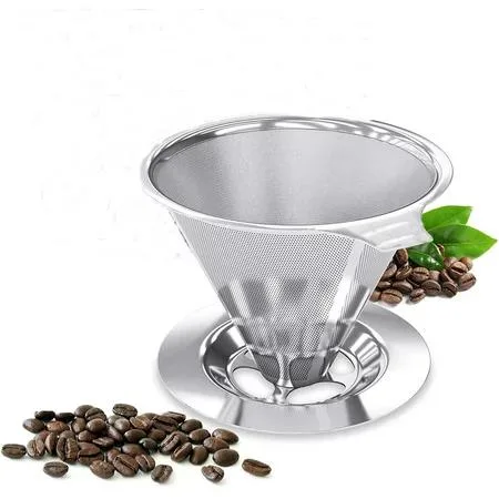 Manual Reusable Paperless Stainless Steel Double Mesh Cone Pour Over Coffee Maker